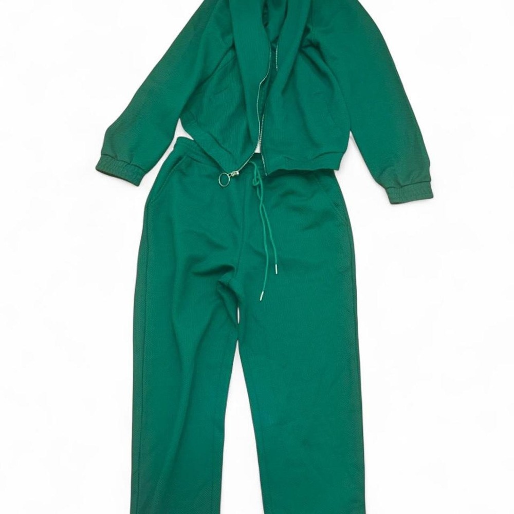 Emerald Green Waffle Knit Tracksuit Set Zip Up Jacket and Drawstring Joggers